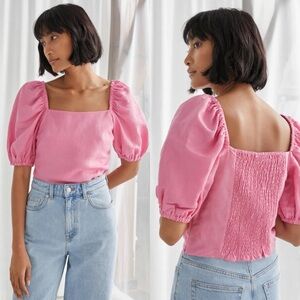 & Other Stories Linen Blend Puff Sleeve Top Pink Size 2